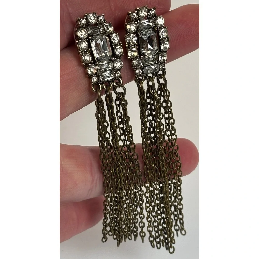 Crystal Rhinestone Drop Earrings‎ Brass Tone Multi Chain Fringe Statement